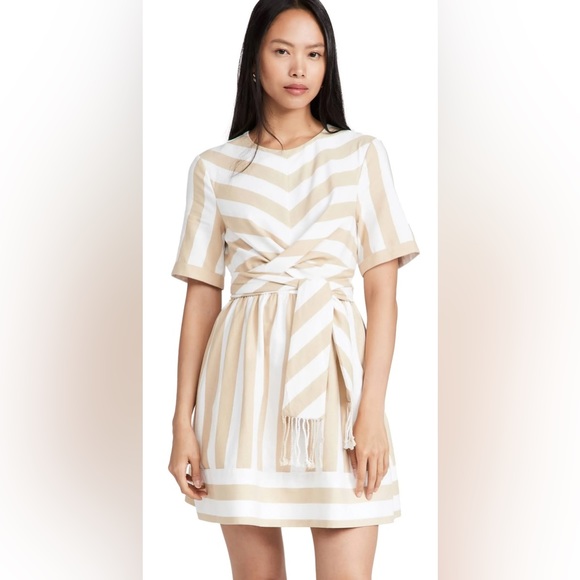 STAUD Hazelnut Stripe York Mini Dress With Pockets & Wrap Detail. Size XS. - Picture 2 of 16